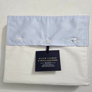 NWT Ralph Lauren Organic Sateen Border King Flat Sheet White Blue Border Luxury